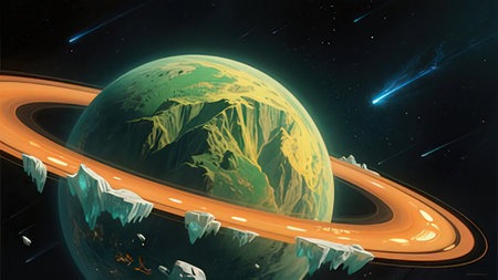 Fantasy landscape with planet in space. 3D illustration. Elements of this image furnished by NASA