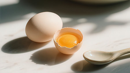 Boiled egg on a white table with a spoon in the background