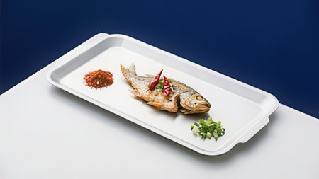 Fried mackerel on a white plate isolated on blue background