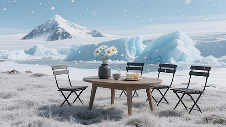 Table and chairs in front of a glacier. 3d rendering.