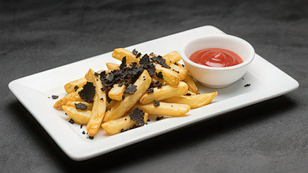French fries with sauce on a white plate on a dark background.