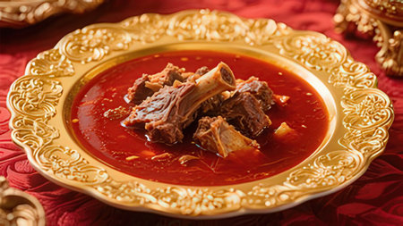 Beef stew with vegetables and spices in a golden bowl on a red background