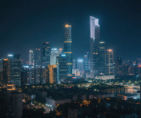 Aerial view of skyscrapers at night in Shenzhen, China