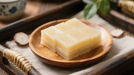 Japanese soya soap in a wooden plate on a wooden tray.