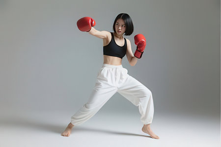 Beautiful asian woman wearing sportswear and boxing gloves, full length portraitのeditorial素材
