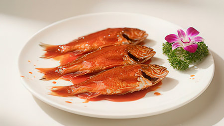 Red tilapia fish with chili sauce on white plate, Thailand.