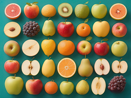 Variety of fruits on green background. Flat lay, top view