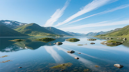Mountain lake with reflection of mountains in the water, Siberia, Russiaの写真素材