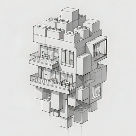 3d rendering of a modern house with windows and balconies.