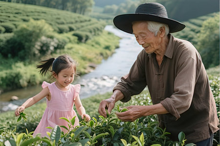 Asian grandfather and granddaughter picking tea leaves at tea plantation in the morningのeditorial素材