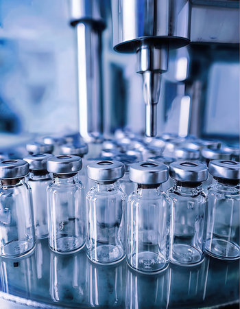 Vaccine vials on the production line. Medical background.