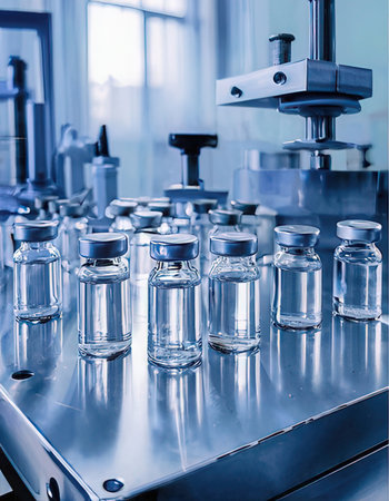 Vaccine vials on a conveyor belt in the laboratoryの写真素材