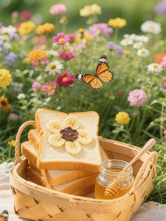 Bread with butter and honey in a basket on the background of flowers