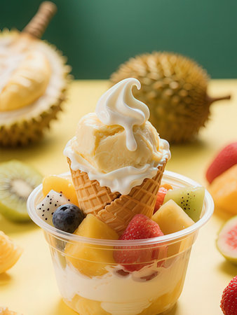 Vanilla ice cream in waffle cone with fruits