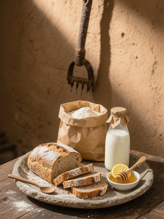 Fresh bread with milk and honey on wooden table. Rustic style.