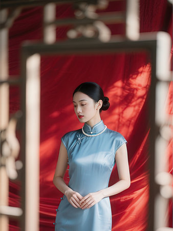 Portrait of a beautiful Asian woman in a blue dress with a red background