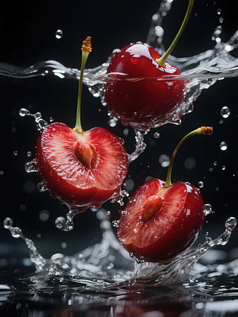 Cherries with water splash on black background. Close up.