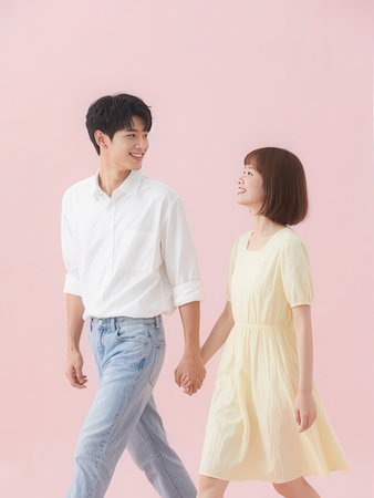 Young asian couple holding hands isolated on pink background