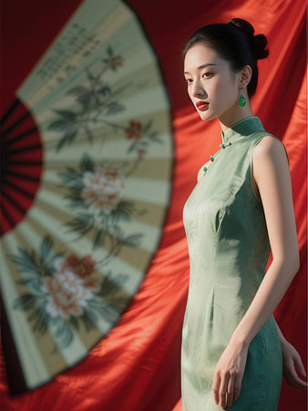 beautiful asian woman in a green dress holding a paper fanのeditorial素材