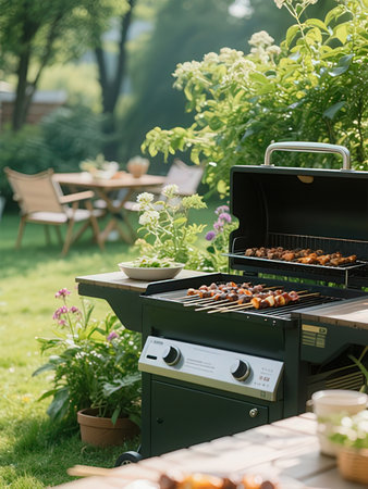barbecue grill with shish kebab on table in garden