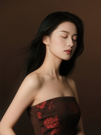 Beautiful asian woman with long black hair and red dress on brown backgroundのeditorial素材