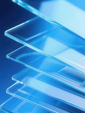 glass shelves on a blue background, close-up, 3d render