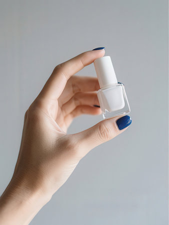 Nail polish bottle in female hand, isolated on white background.の写真素材