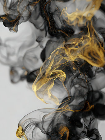 Abstract black and yellow smoke on a white background. Copy space.