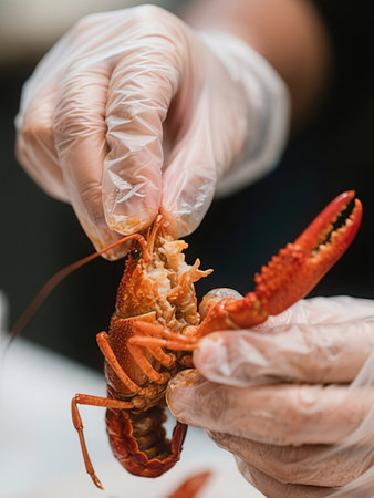Close-up of the hands of a female chef in a white glove holding a crayfish