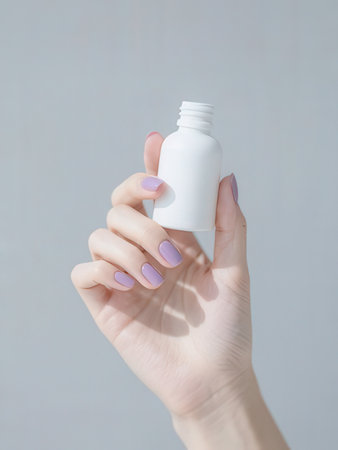Female hand with long nails and purple manicure holds a bottle of cream