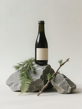 Bottle of wine on stone with rosemary twig on gray background