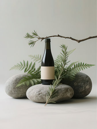 Bottle of champagne with a branch of a tree on a white backgroundの写真素材