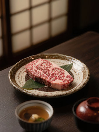 Beef steak on wooden table, japanese food style.