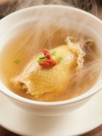 chicken soup in a white bowl, chinese cuisine, closeupの写真素材
