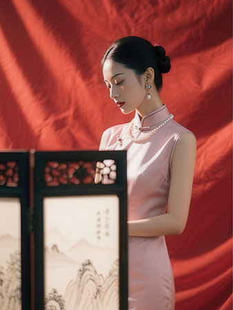 beautiful asian woman in traditional chinese dress on red backgroundの写真素材