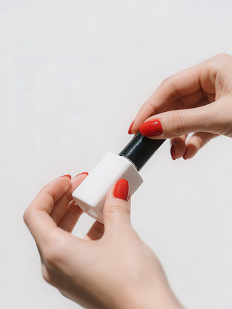 Nail polish in female hands on a white background. Close-up.の写真素材