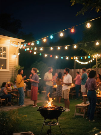 Barbeque party in backyard at night. People having fun.の写真素材