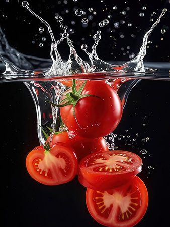 Fresh tomatoes falling into water with splash on black background, closeupの写真素材