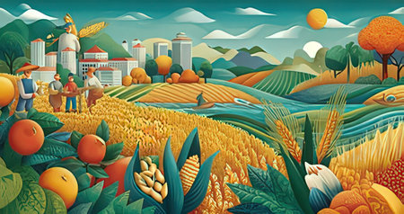 Farm landscape with wheat field and farm buildings, vector cartoon illustration.の写真素材