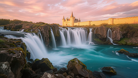 Panoramic view of Narva Castle and waterfall at sunset, Estoniaの写真素材