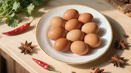 Eggs on a white plate on a wooden table in the kitchen