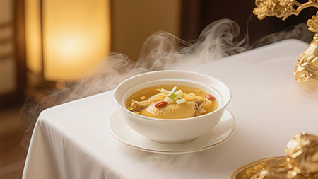 Chinese soup with noodles and vegetables in a white bowl on the tableの写真素材