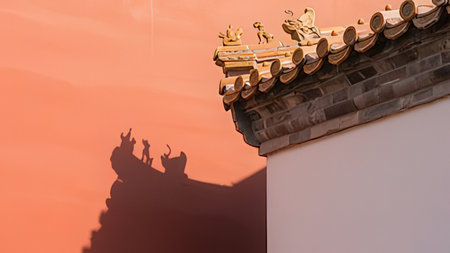 The shadow of the lion on the wall of the Chinese temple.の写真素材