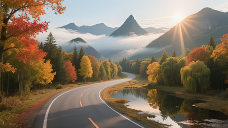Autumn landscape with road and lake in the mountains. 3d render