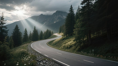 Mountain road in the Ukrainian Carpathian Mountains, Ukraine.