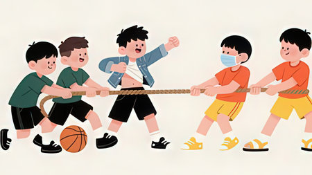Children playing tug-of-war with friends. Vector illustration.