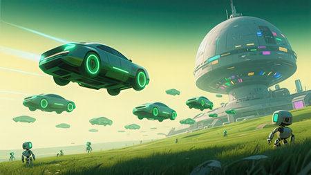 3d rendering of a green alien spaceship flying over a green field