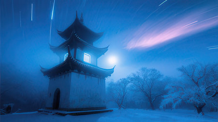 Chinese pagoda in the winter with blue skyの写真素材