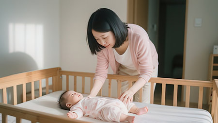 Asian mother playing with her newborn baby in cot at home.の写真素材