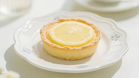Lemon tart on a white plate with a cup of tea.の写真素材